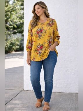 Torrid Yellow Floral Smocked Tunic Top 2X Boho Casual Blouse